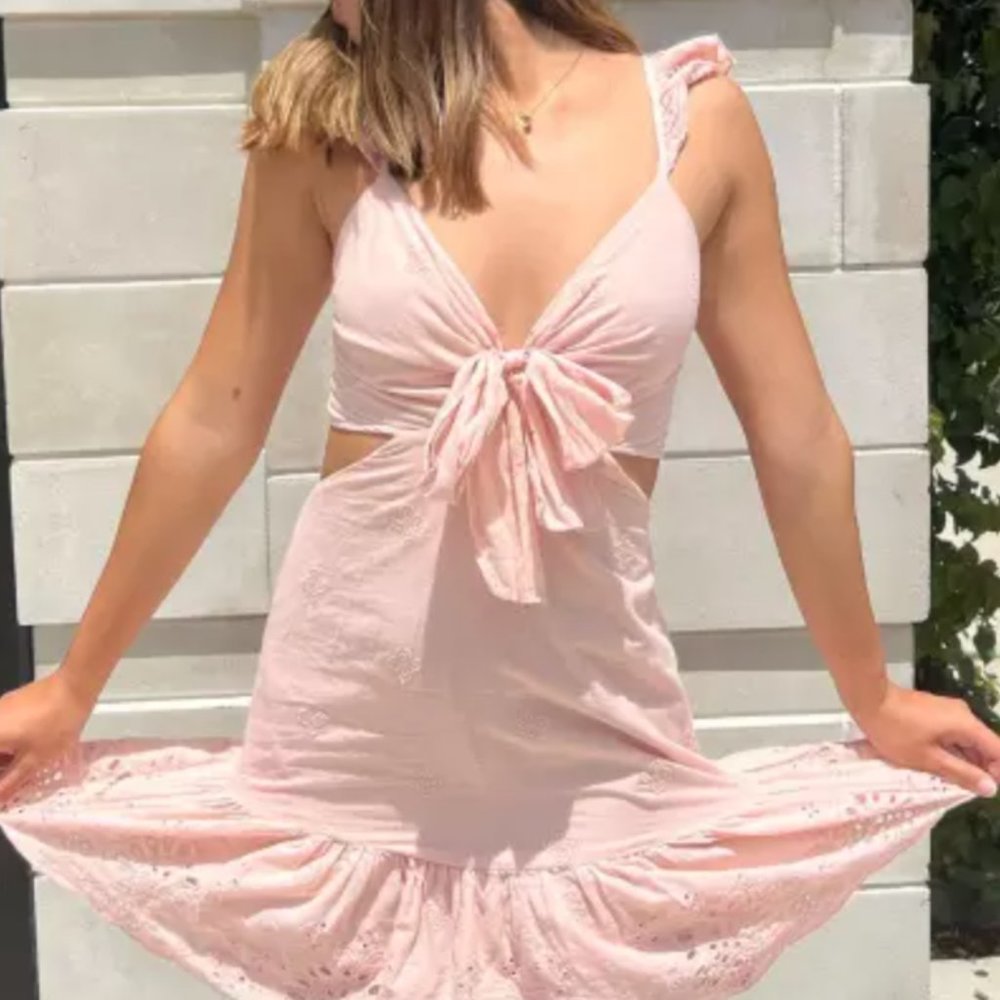 Express | Tie Front Cutout Ruffle Fit & Flare Cocktail Dress | Pink - Size Small